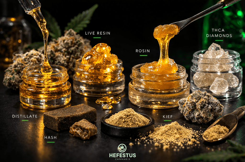 Studio arrangement of cannabis concentrates including live resin, distillate, rosin, hash, THCA diamonds and kief displayed in minimal glass containers, black matte surface, soft green accent lighting.