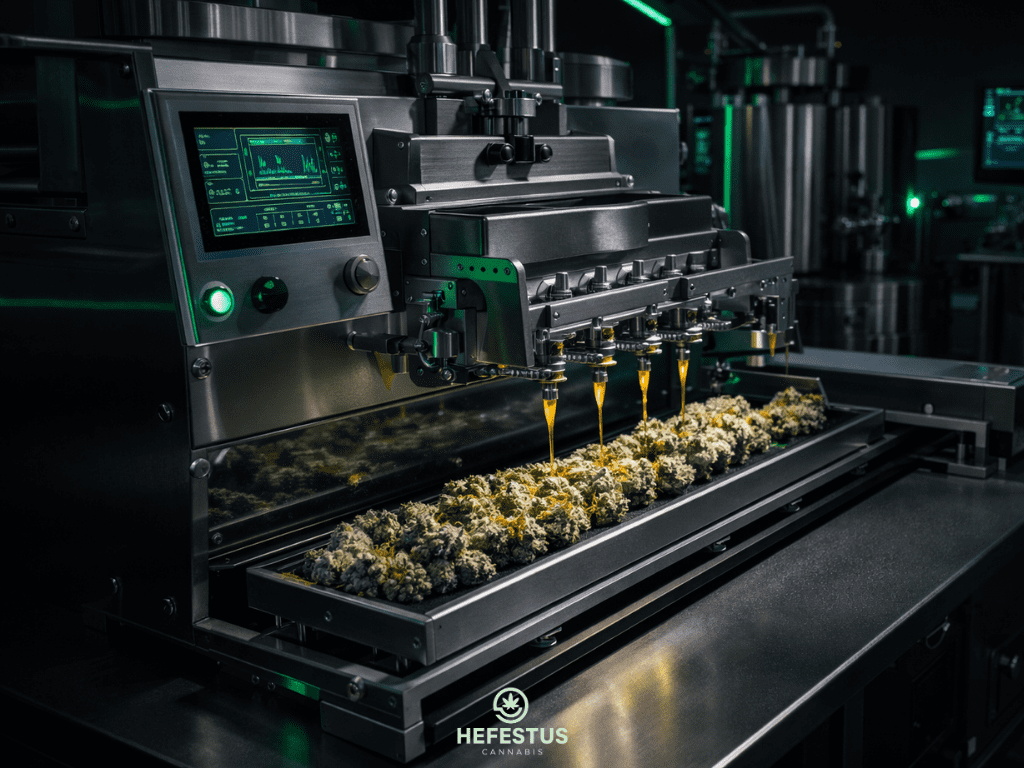 Modern cannabis infusion laboratory with stainless steel equipment, automated infusion machine processing cannabis flower, digital screens glowing softly, dark minimal environment, green accent lighting, futuristic cannabis production facility.