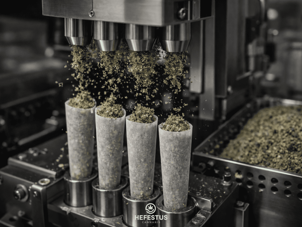 Cannabis pre-roll production process, ground cannabis and shake material being evenly filled into cones using automated equipment