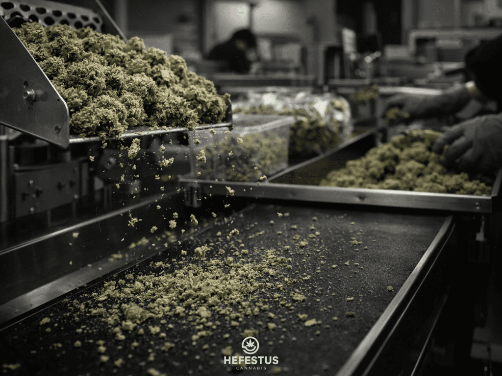 Cannabis processing environment showing flower handling stages, buds being transported, trimmed, and packaged, small fragments falling off forming shake material.