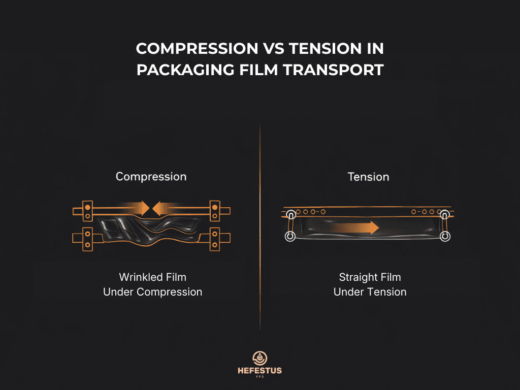 Compression vs Tension in Packaging Film Transport  - Infographic