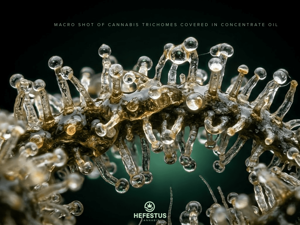 Extreme macro shot of cannabis trichomes covered in concentrate oil, crystal clear resin heads glowing under dramatic lighting, black background with subtle green glow