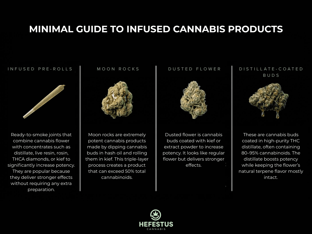 Minimal cannabis infographic comparing types of infused cannabis products - Infused Pre-Roll, Moon Rocks, Dusted Flower & Distillate Buds