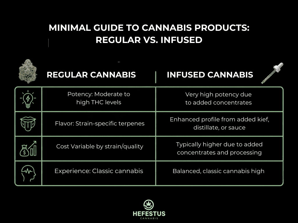 Minimal comparison infographic between regular cannabis and infused cannabis.